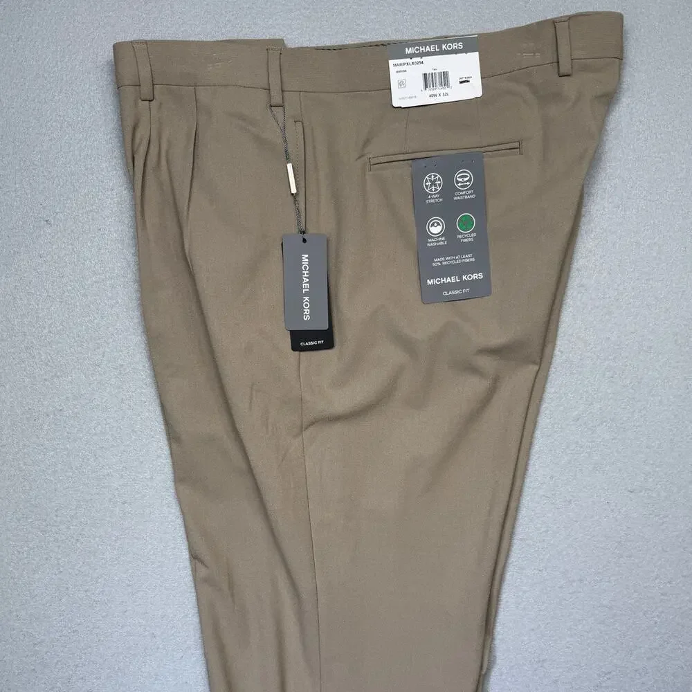 Michael Kors Men's Pleated Solid Classic Fit Pants Tan 40x32 $95